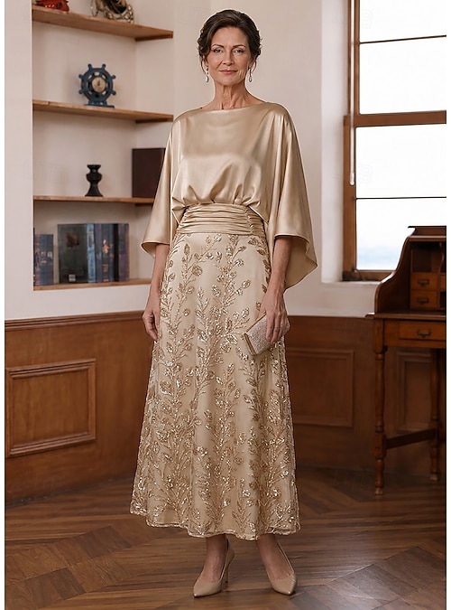 A-Line Ankle Length Mother of the Bride Dress 3/4 Length Sleeve Boat Neck Elegant Vintage Luxurious Formal Wedding Guest Wedding Party Satin Lace with Ruched Sequin Embroidery 2026