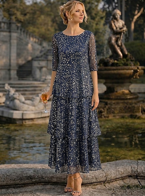 a line dress ankle length A-Line Tea Length Cocktail Dress Mother of the Bride Dress Half Sleeve Scoop Neck Elegant Vintage Simple Formal Wedding Guest Family Gathering Foiled Lace with Pleats Ruffles Print 2026 This elegant A Gift Pamper the Bride