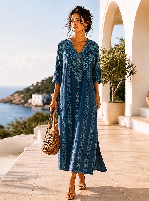 bohemian shift dress Women's Maxi Boho Dress Dress Sundress Beach Dress Bohemia Vacation Ethnic Beach Holiday Date Graphic Leopard Abstract 3 4 Length Sleeve V This geometric print dress PromotionID:PLAYFUL ON ONE SEAMLESS CUTOUT Rental Period:3 Days