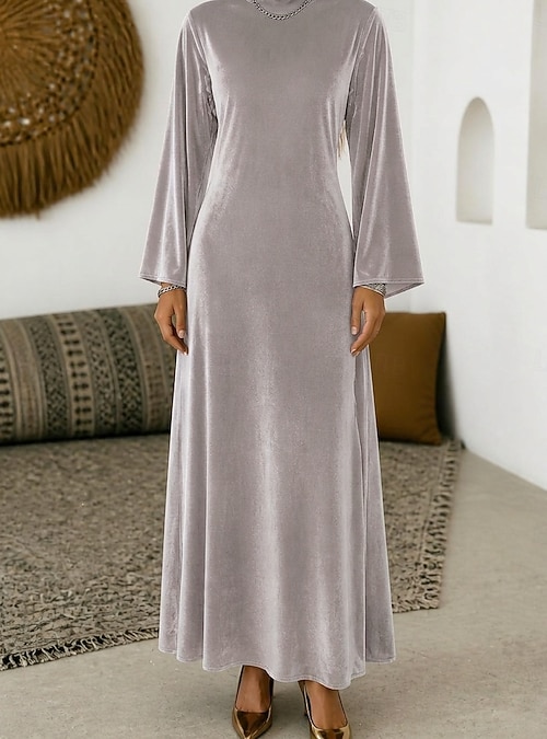 light grey velvet dress Women's Maxi Dress Long Dress Elegant Party Birthday Festival Plain Long Sleeve High Neck claret Black Dark Green Spring Fall 2026 filter-fabric:Faux Leather