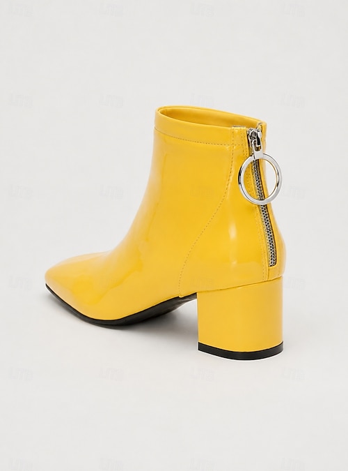 Women's Yellow Patent Leather Ankle Boots, Square Toe Chunky Block