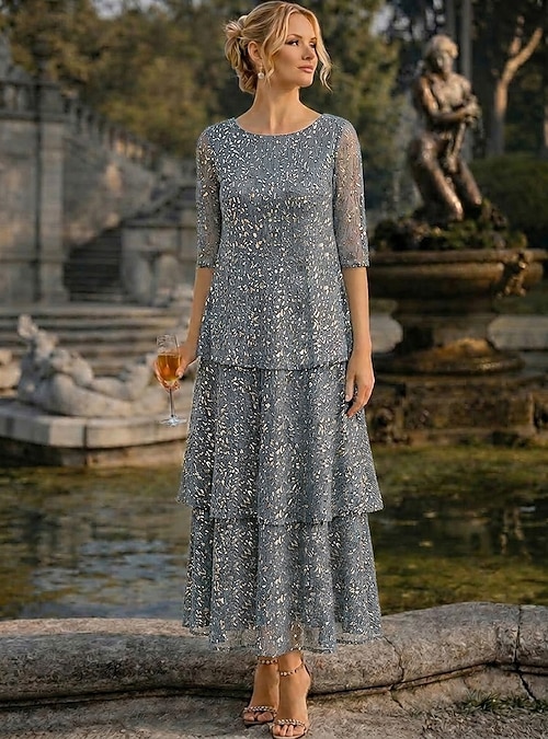 ankle length dresses formal A-Line Dress Tea Length Cocktail Dress Mother of the Bride Dress Half Sleeve Scoop Neck Elegant Vintage Simple Wedding Guest Family Gathering Foiled Lace with Pleats Ruffles Print 2026 Sequin Rosette Halter Mini *RTW STND Measure Method Packing Size:0X (10-12)