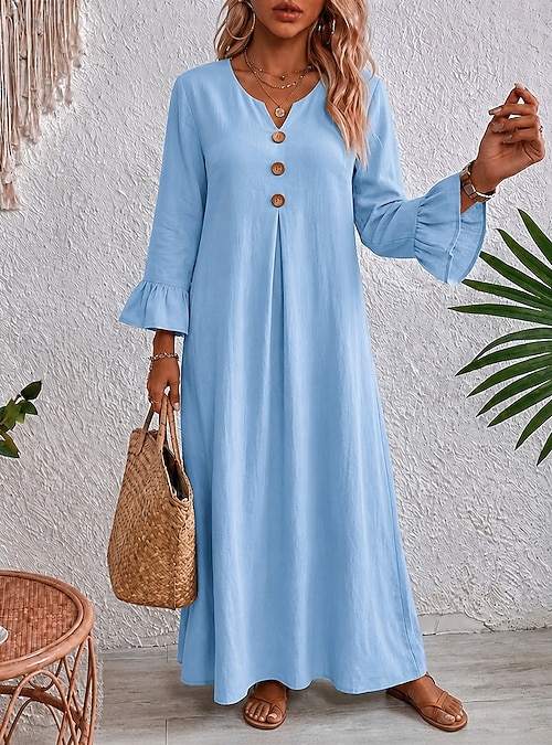 ice blue casual dress Women's Maxi Dress Casual Flowy Semi Formal Flared Sleeve Plain Long Sleeve V Neck Blue Green Summer Spring Fall 2026 Midi dress Color:dusty rose Phimu 🖤Fall / Winter Fashion Maxi dress