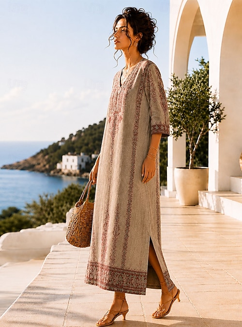 leopard boho dress Women's Maxi Dress Shift Dress Sundress Beach Dress Bohemia Vacation Ethnic Beach Holiday Date Graphic Abstract 3/4 Length Sleeve V Neck Blue Yellow Apricot Summer Spring 2026 Brown leopard