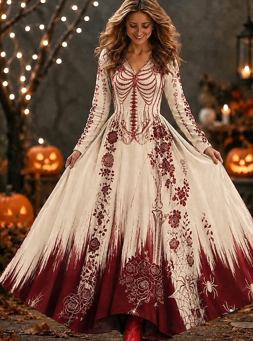 boho maxi dress winter Halloween Women's A Line Dress Party Date Skull Long Sleeve V Neck Red Fall Autumn 2026 this flowy maxi dress