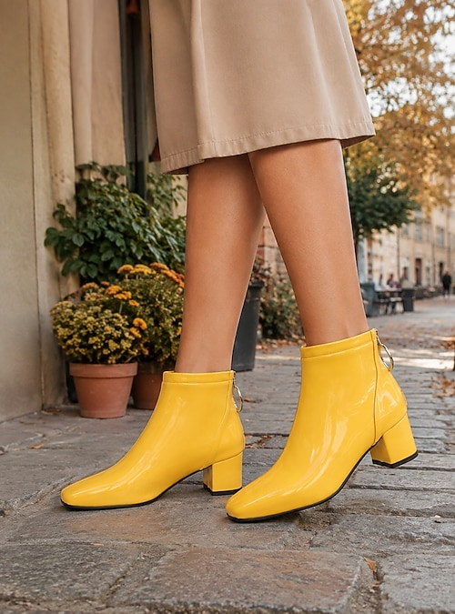 Women's Yellow Patent Leather Ankle Boots, Square Toe Chunky Block