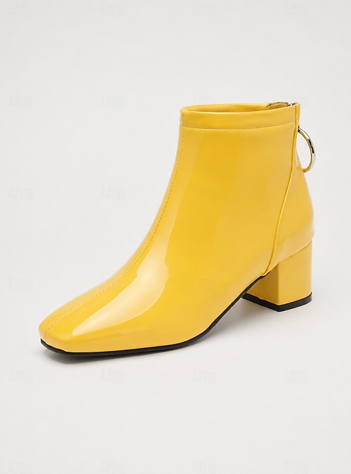 Women's Yellow Patent Leather Ankle Boots, Square Toe Chunky Block