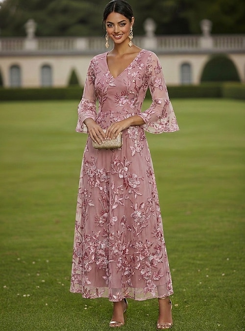 semi formal mother of the bride dress A-Line Ankle Length Dress Long Sleeve V Neck Elegant Floral Attire Formal Wedding Guest Semi Formal Tulle Spandex Satin Chiffon with Embroidery Appliques 2026 fall mother of the bride dresses