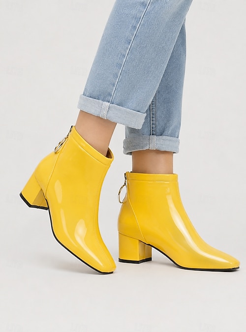 Women's Yellow Patent Leather Ankle Boots, Square Toe Chunky Block