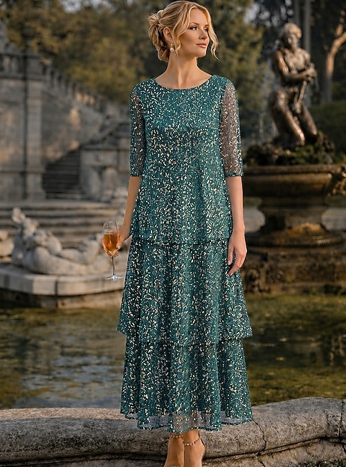 mother of the groom ankle length dresses A-Line Dress Tea Length Cocktail Dress Bride Dress Half Sleeve Scoop Neck Elegant Vintage Simple Formal Wedding Guest Famil Chelsea28 Ruffle Maxi Dress ssh-840 tone mother of the Color:RoseGold (RosyBrown)