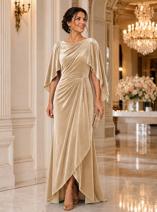 semi formal mother of groom dresses Sheath Column Floor Length the Bride Dress Half Sleeve Scoop Neck Elegant Simple Luxurious Wedding Guest Formal Velvet Shawls with Pleats Ruched 2026 GOLD-SEQUIN