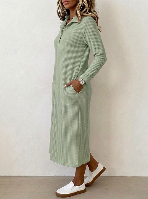 green waffle dress Women's Daily Casual Textured Knit Long Sleeve Shirt Collar Midi White Light Fall Winter 2026 YGroup_jules-maxi-dress
