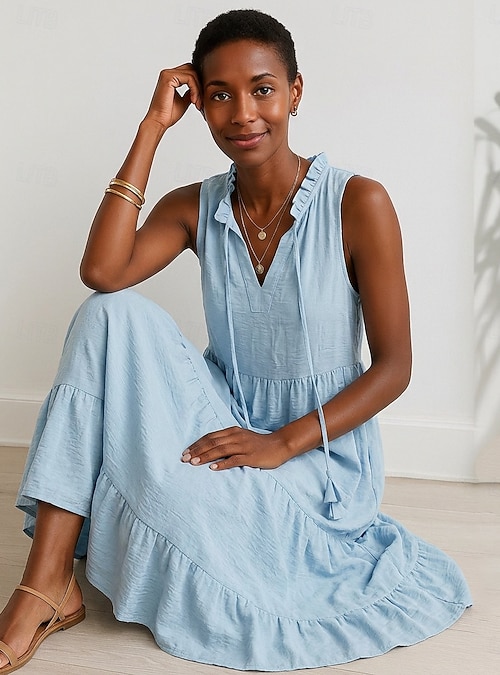 sleeveless shift dress pale blue linen Women's Long Maxi Dress Linen-feel Dresses Dress Sundress Elegant Basic Modern Beach Vacation Holiday Regular Fit Plain V Neck Summer 2026 88 cm / 33 dresses-20200401 Ivory White Tulle Long Color:Black/Red
