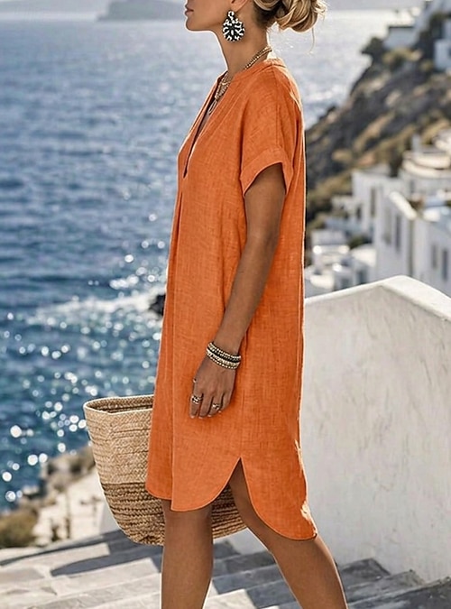 Women's Knee Length Dress Linen Dresses Vintage Daily Slim Plain Short Sleeve V Neck Khaki Red Orange Summer 2026