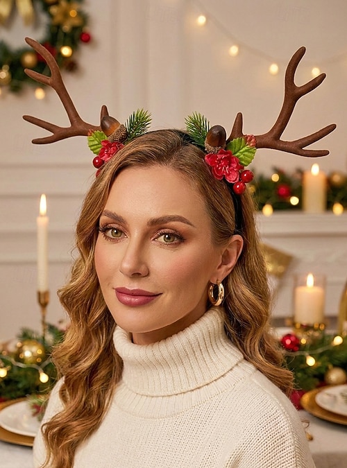 Weihnachts-Haarreif für Damen mit Rentiergeweih aus Polyester, rotbraun, mit Tannenzapfen-Motiv, festliches Haaraccessoire für Partys, Fotoshootings, Familienfeiern und Kostüme 2026