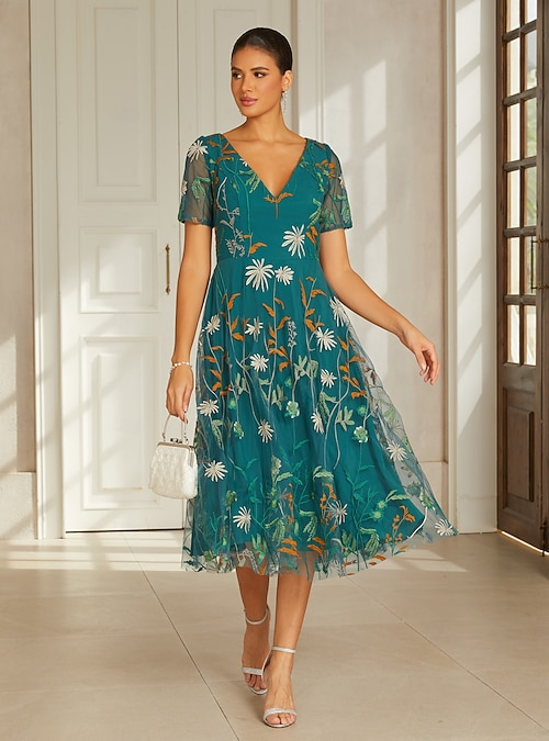 semi formal garden party wedding guest dress Women's A-Line Cocktail Dress Tea Length V Neck Short Sleeve Elegant Mother Of The Bride Wedding with Tulle Floral Embroidery 2026 1950s floral dress