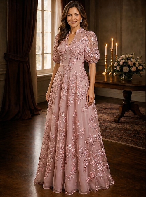 country semi formal dresses A-Line Dress Floor Length Mother of the Bride Dress Half Sleeve V Neck Elegant Vintage Simple Wedding Guest Formal Lace with Lace Embroidery 2026 WinterSale