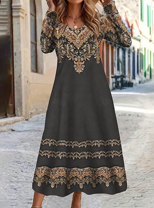 Women's Maxi Dress Boho Sheath Dress T Shirt Dress Tee Dress Vacation Casual Holiday Date Regular Fit Graphic Geometric Tribal Long Sleeve Crew Neck Blue Dark Brown Black Red Spring Fall 2026