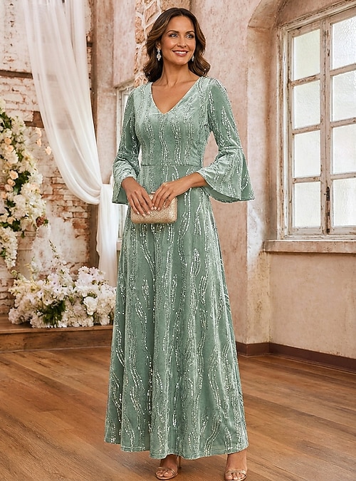 semi formal mother of the bride dresses A-Line Dress Floor Length Dress 3/4 Length Sleeve V Neck Elegant Vintage Luxurious Wedding Guest Formal Lace Velvet with Sequin 2026 fall mother of the groom dresses