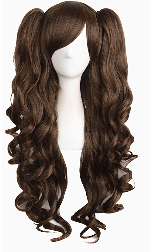 Parrucche Lolita Parrucca riccia con doppia coda di cavallo e frangia Fibra resistente al calore Accessori Lolita oro chiaro