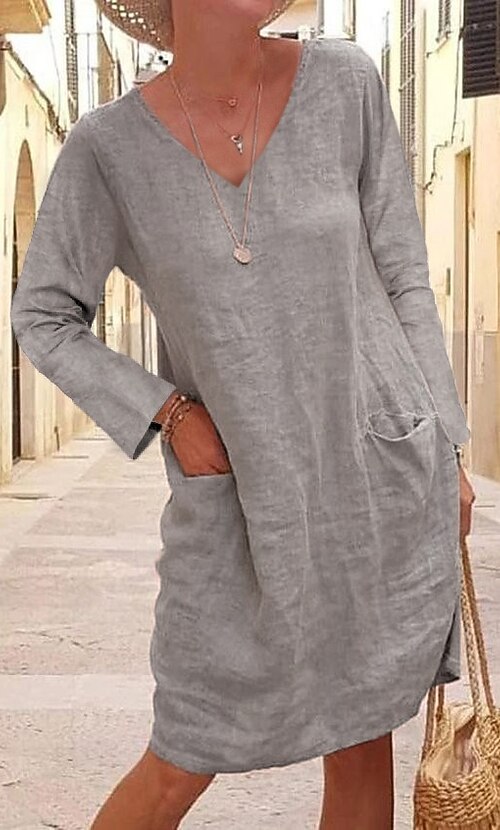 Women's Linen Dress Shift Dress Knee Length Dress Black Yellow Khaki Long  Sleeve Pure Color Winter Fall V Neck Basic Winter Dress Weekend Fall Dress  Loose Fit 2023 S M L XL