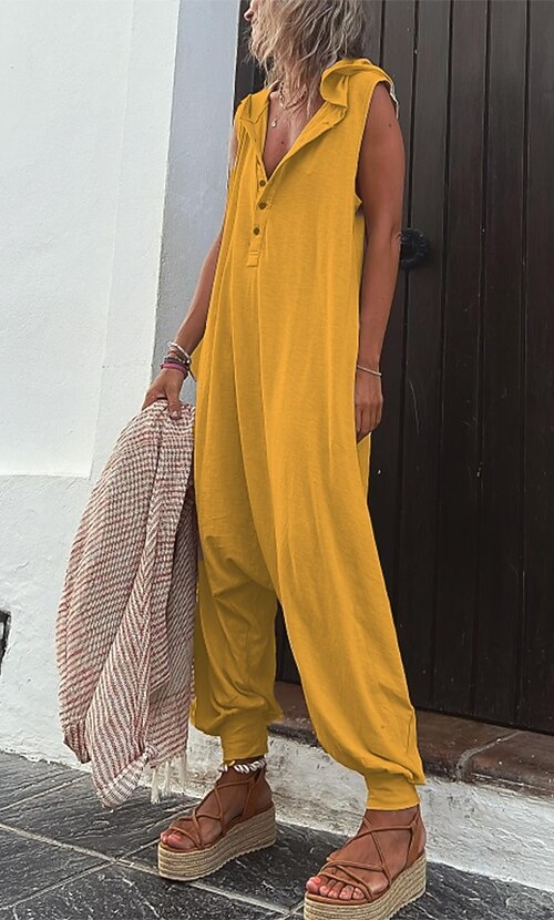 Women's Jumpsuits Casual Utility Button Solid Color Hooded