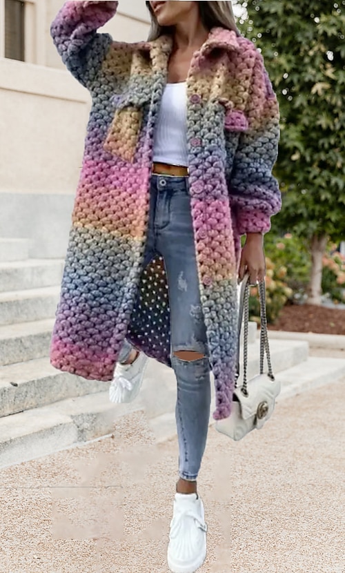 Women\'s Chunky Knit Gradient Color Long Cardigan Crochet Knit Pocket Shirt  Collar Sweater Outerwear Long Sleeve Braided Twist Single-breasted Loose  Coat Fall Winter Purple 2XL 2024 - $22