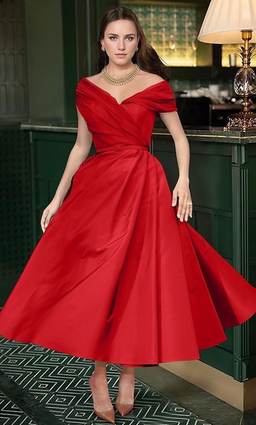 A-Line Ankle Length Cocktail Dresses Party Dresses Elegant 1950s Sleeveless Off Shoulder Wedding Guest Summer Fall Wedding Guest Satin with Ruched A-Line Ankle Length Cocktail Dresses Party Dresses Elegant 1950s Sleeveless Off Shoulder Wedding Guest Summer Fall Wedding Guest Satin with Ruched