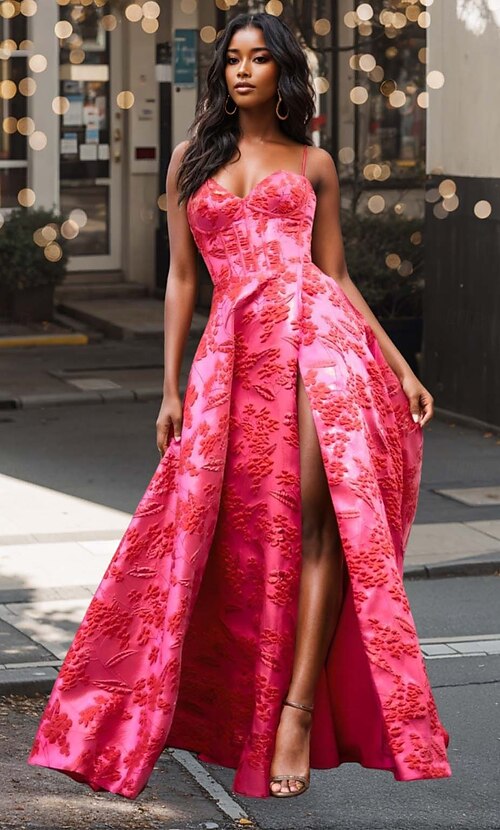 Jacquard Floral Evening Gown Formal Prom Floor Length Sleeveless Sweetheart Corset  Top with high Slit Race Day Dress Wedding Guest Dress 2026 - $190.99