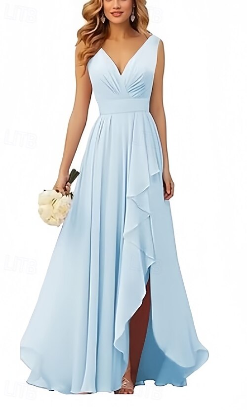 A-Line Bridesmaid Dress V Neck Sleeveless Elegant Floor Length Chiffon with  Ruffles / Split Front / Ruching 2026 - $179.99