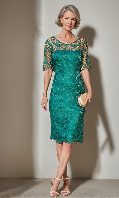 Sheath / Column Dress Mother of the Bride Dress Elegant Vintage Simple Jewel Neck Tea Length Crepe Lace Half Sleeve with Solid Color Race Day Dress 2026 - JOD JD107.68 Sheath / Column Dress Mother of the Bride Dress Elegant Vintage Simple Jewel Neck Tea Length Crepe Lace Half Sleeve with Solid Color Race Day Dress 2026 - JOD JD107.68