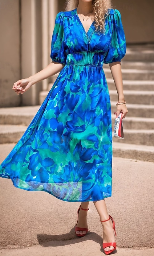 Women's Midi Dress Graduation Dress Floral Dress Fashion Outdoor Graduation  Going out Regular Fit Flower Short Sleeve V Neck Blue Black Light Green Red  Summer 2026 - kr.329