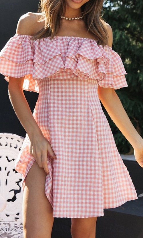 Women's Mini Dress Graduation Dress Fashion Daily Outdoor Holiday Regular  Fit Plaid Short Sleeve Off Shoulder Pink Summer 2026 - $26.99