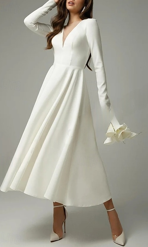 Engagement Little White Dresses Wedding Dresses A-Line V Neck Long Sleeve Tea Length Satin Bridal Gowns With Pleats Solid Color 2026 - $154.99 Engagement Little White Dresses Wedding Dresses A-Line V Neck Long Sleeve Tea Length Satin Bridal Gowns With Pleats Solid Color 2026 - $154.99