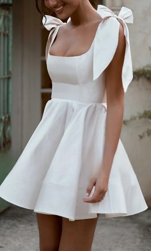 green emerald velvet dress Zapaka Women Simple White Graduation Dress A-Line Short Engagement Party Dress, White / S main image 0