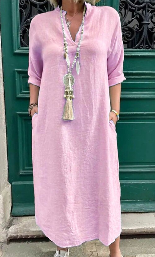 Women's Midi Dress Cotton Blend Cotton Linen Dresses Shirt Dress Basic  Classic Modern Daily Holiday Weekend Regular Fit Plain Long Sleeve V Neck  Pink Green Apricot Light Blue Summer 2026 - KWD 9.99