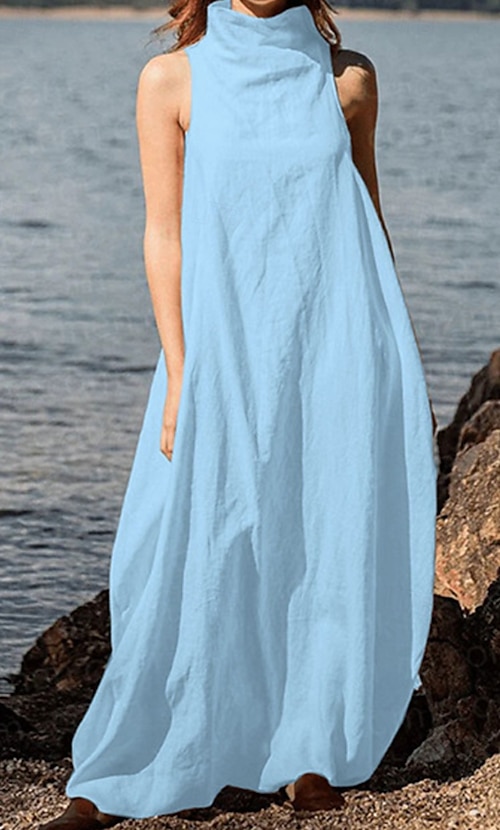 Women's Long Dress Maxi Dress Faux Cotton Linen Shift Dress Sundress  Fashion Classic Modern Vacation Going out Weekend Regular Fit Plain  Sleeveless Turtleneck Black Khaki Dark Gray Light Blue Summer 2026 - 25.99
