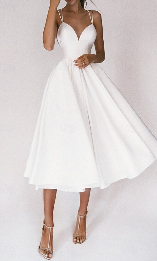 floor-length white dresses for graduation White Lace Short Sleeves Tea Length Wedding Party Dress, White Graduat –  Cutedressy main image 0