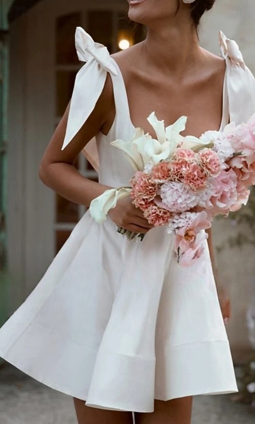 Engagement Little Graduation White Dresses Wedding Dresses A-Line Scoop  Neck Sleeveless Short / Mini Satin Bridal Gowns With Pleats 2026 - $149.99