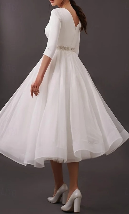 Engagement Little Graduation White Dresses Wedding Dresses A-Line Boat Neck  3/4 Length Sleeve Tea Length Satin Bridal Gowns With Pleats Crystal Brooch  2026 - $165.99