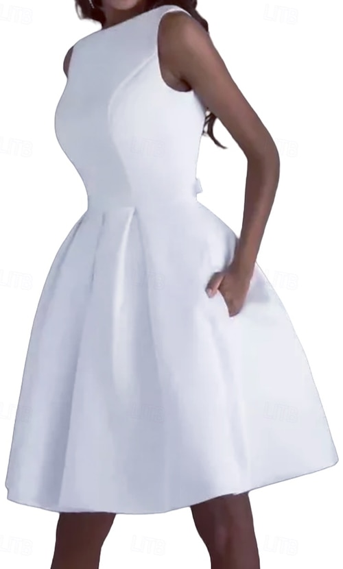 Engagement Little Graduation White Dresses Wedding Dresses A-Line Boat Neck  Sleeveless Short / Mini Satin Bridal Gowns With Pleats 2026 - $139.99