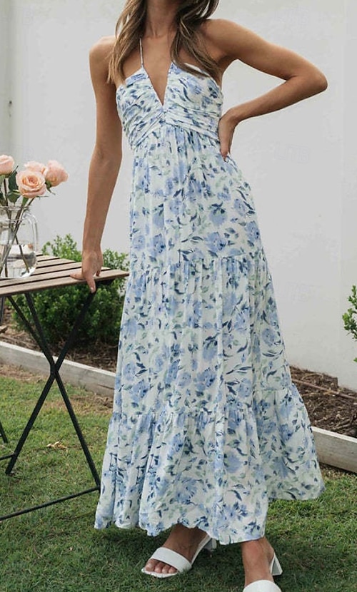 Women s Midi Dress Graduation Dress Floral Dress Fashion Outdoor Vacation Holiday Regular Fit Flower Sleeveless Halter Neck Blue Red Orange Summer