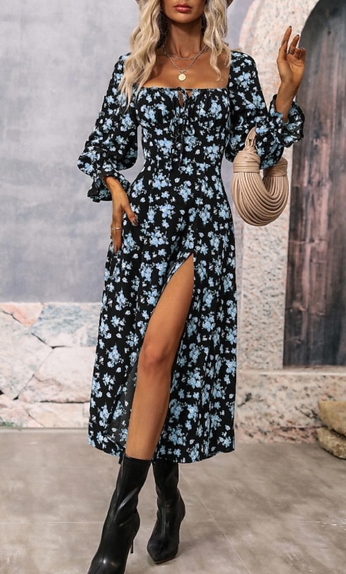 Women's Midi Dress Graduation Dress Floral Dress Fashion Modern Outdoor  Vacation Holiday Regular Fit Flower Long Sleeve Square Neck Blue White  Purple Gold Summer 2026 - kr.259