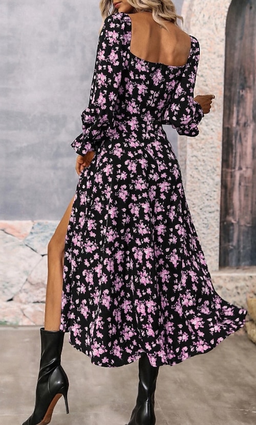Women's Midi Dress Graduation Dress Floral Dress Fashion Modern Outdoor  Vacation Holiday Regular Fit Flower Long Sleeve Square Neck White Blue  Purple Gold Summer 2025 - $23.99