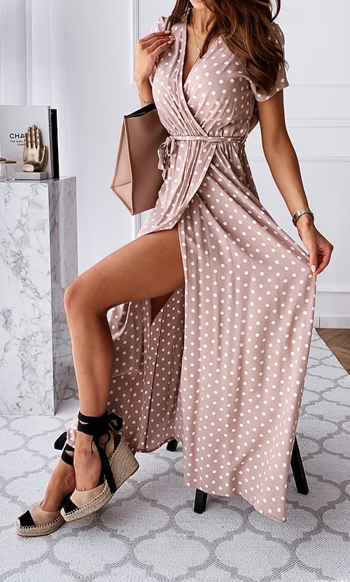 Women's Midi Dress Casual Dress Boho Dress Classic Daily Vacation Holiday Regular Fit Polka Dot Short Sleeve V Neck Black Pink Green Summer