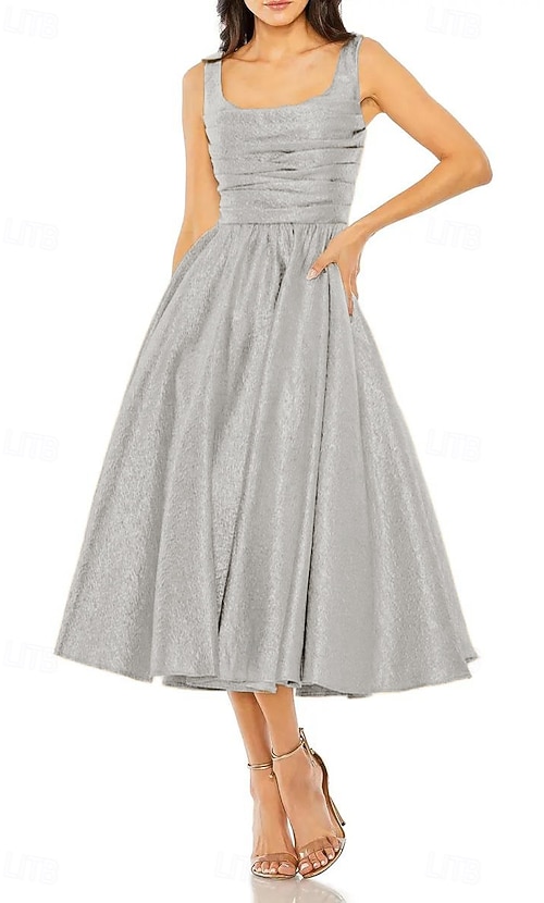 Gold Jacquard Evening Gown A-Line Cocktail Dresses Elegant Dress Formal  Wedding Tea Length Sleeveless Square Neck with Pleats Ruched Wedding Guest  Dress 2026 - $145.99