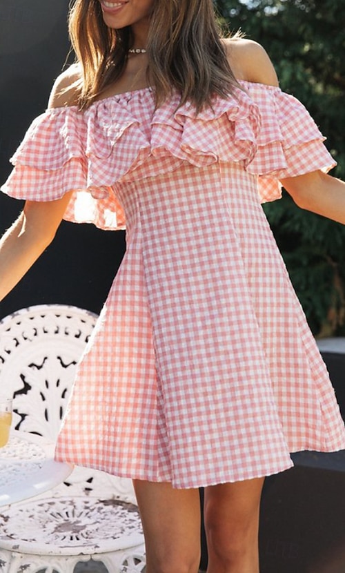 Women's Mini Dress Graduation Dress Fashion Daily Outdoor Holiday Regular  Fit Plaid Short Sleeve Off Shoulder Pink Summer 2026 - 27.99