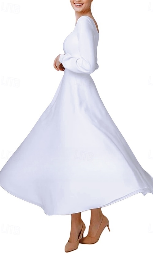 Engagement Little White Dresses Wedding Dresses A-Line Scoop Neck Long  Sleeve Tea Length Stretch Fabric Bridal Gowns With Solid Color 2026 -  $154.99