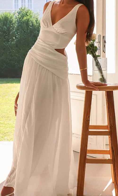 slim fit dress slacks Wedtrend Women Elegant White Graduation Dress with Lace A Line Long Sleeves  Boho Maxi Dress – WEDTREND main image 0