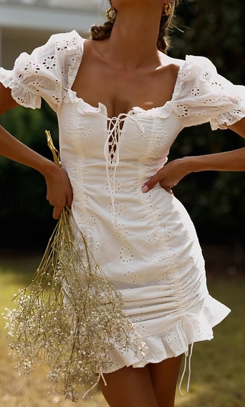 plain short white dress Shoulder-Tie Little White Party Dress T869W White / 00